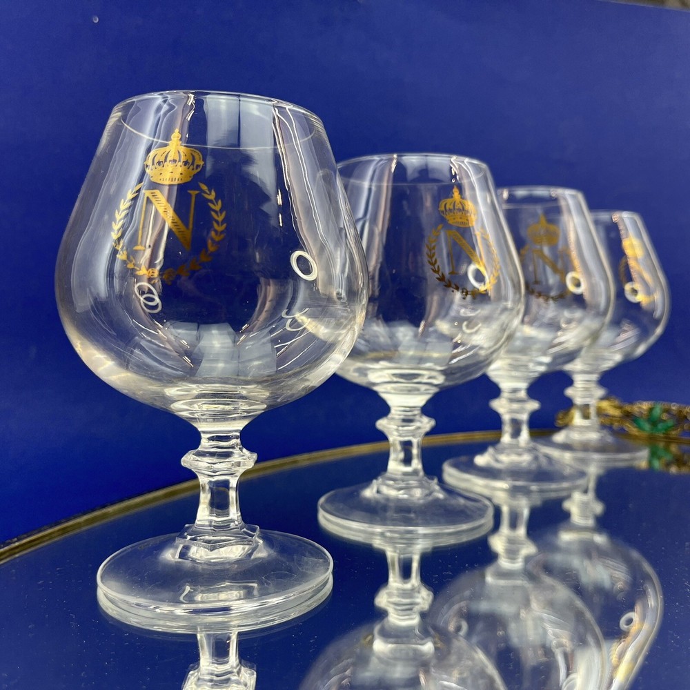 Napoleon Cognac Crystal Ball Set Of 4 Brandy Snifters Glasses N Gold Crown 5”