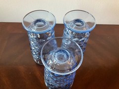 Vtg Ice Blue Cubist 6″ Footed Tumblers, Indiana Glass Whitehall Colony, Set of 3