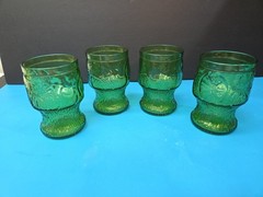 4 Vintage Fidenza Italy Green Embossed Floral Juice Glasses Mid-Century Modern