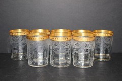 8 CAMBRIDGE ETCH 704 GLASS 3-3/4″ FLAT TUMBLERS-GOLD ENCRUSTED BAND RIM