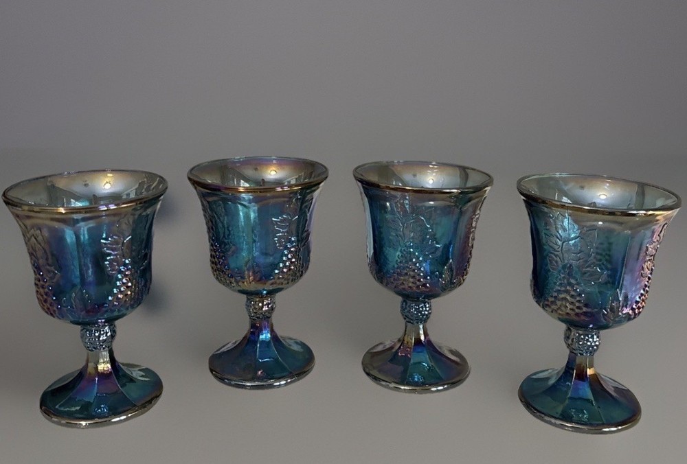 Vintage FOUR Indiana Glass Blue Carnival “Harvest Grape” Goblets Made In USA