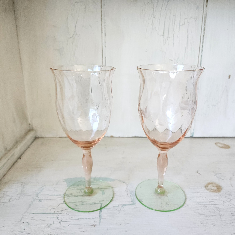 TWO Etched WATERMELON Pink & Green Depression Glass Wine Stems *READ*