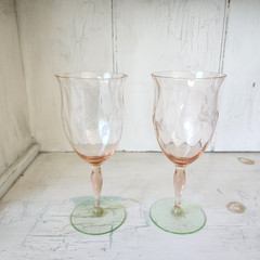 TWO Etched WATERMELON Pink & Green Depression Glass Wine Stems *READ*