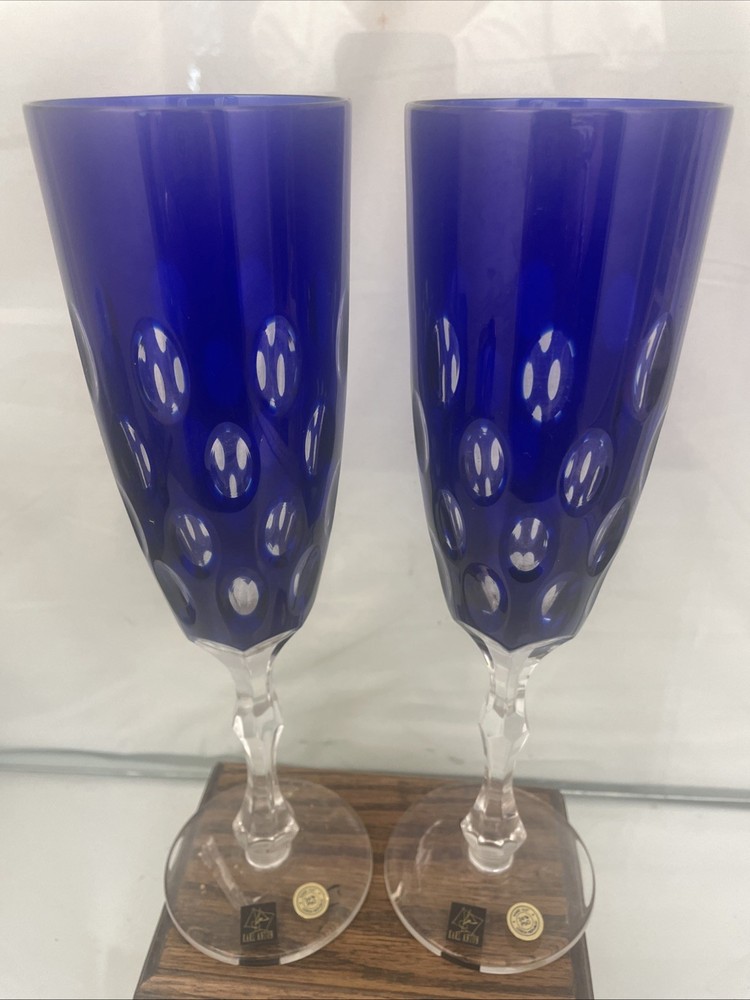 Karl Anton Czech Handcut Crystal Blue Flute Glasses Set of 2 10″x2.5″ w/Stickers