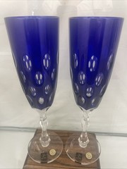 Karl Anton Czech Handcut Crystal Blue Flute Glasses Set of 2 10″x2.5″ w/Stickers