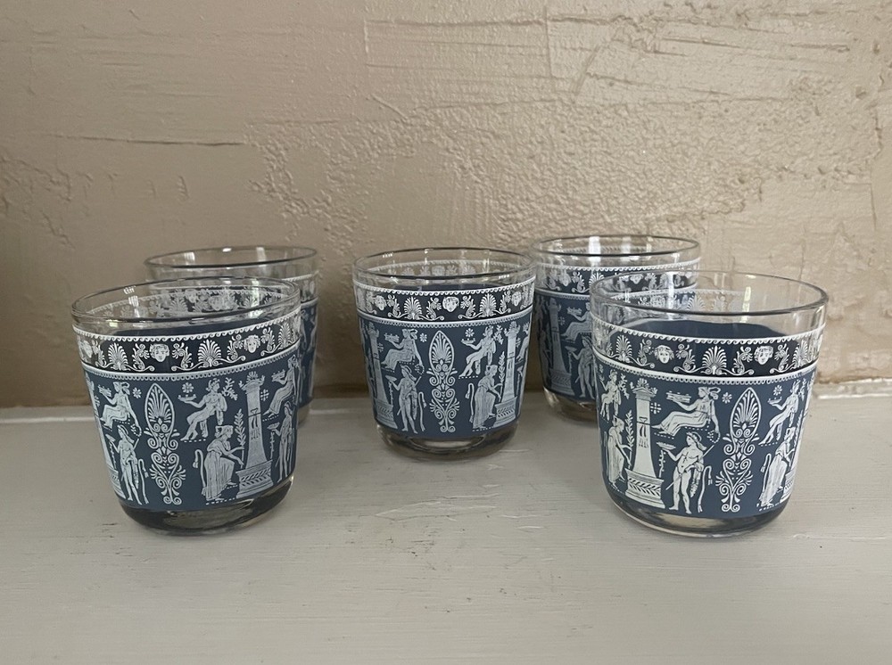 Set of 5 1950s Vintage Jeanette Blue Grecian Glasses Wedgewood Jasperware 3.2”T