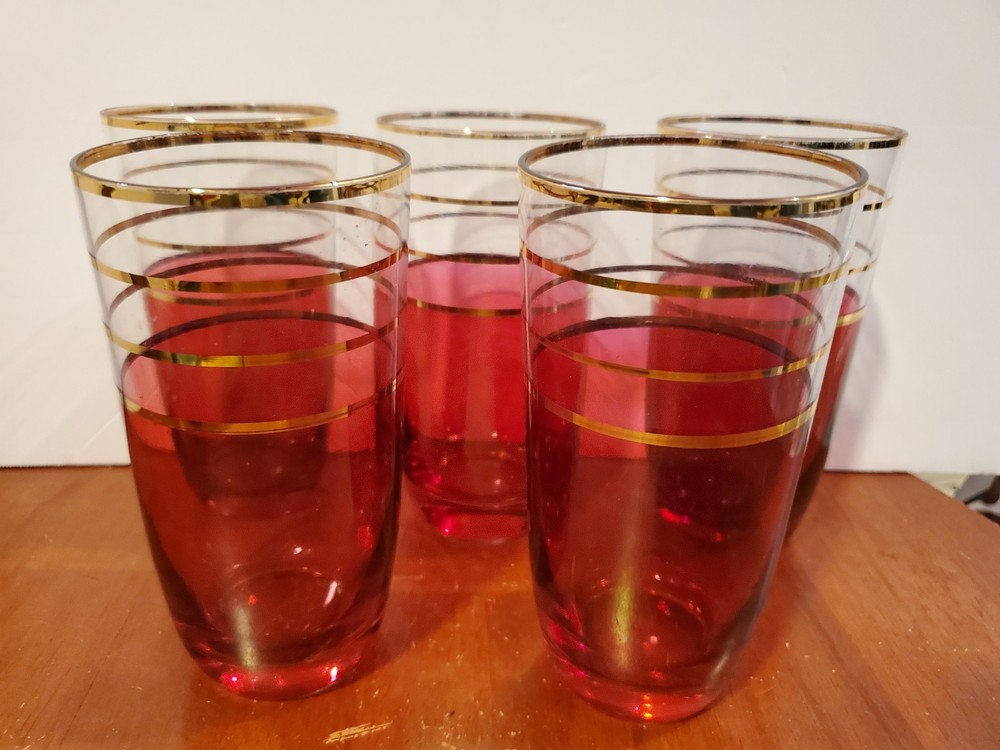 Set of 5 vintage cranberry & clear glass tumblers with gold bands, 5.25″, nice