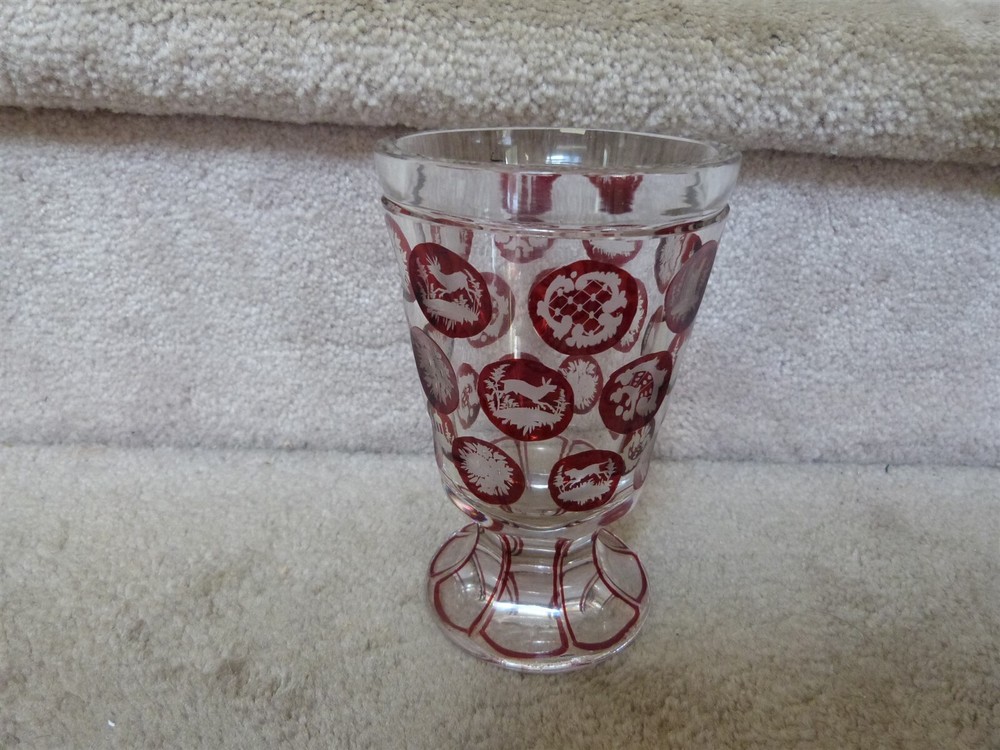 VINTAGE Bohemian Cut to Clear Chalice Goblet Ruby Red Medallions Deer 5.75″