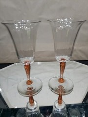 (2) Water Goblet Glasses 8-1/2″, Signed Steuben Pink Rose twist stem 3551 clear