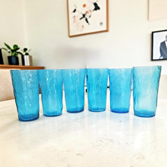Vintage Morgantown Aqua Blue Peacock Crinkle Glasses Tumblers 5.75 in. Set of 6