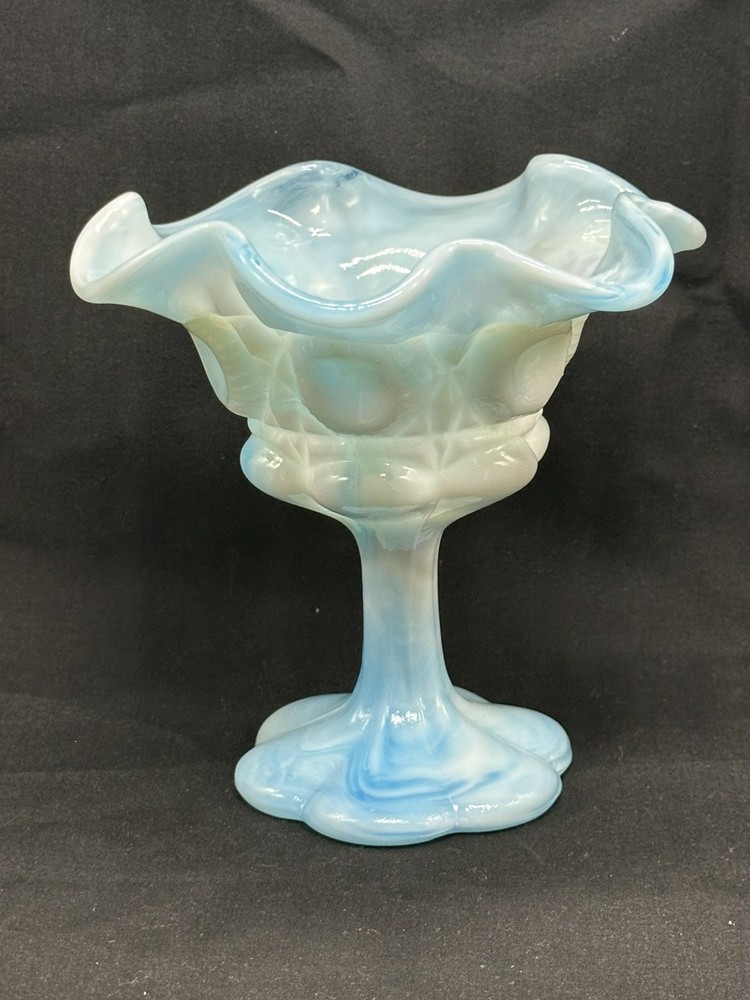 Vintage Kanawha Glass Company Blue & White Swirl Art Slag Glass Compote MCM
