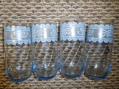 VINTAGE 4 Drinking Glasses ~ Blue Ribbon Lace Bows Optic Swirl – Libbey Glass