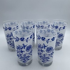 Vintage Blue Onion Tumblers Frosted White and Blue on Clear Glass Set of 6