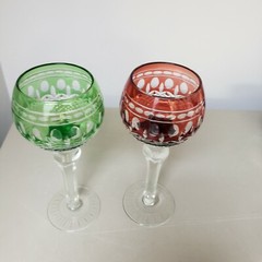 2 * Wine Hock Glasses RED & GREEN cut to Clear Crystal Triumph Imperial Estate