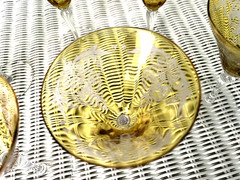 7 vintage Tiffin Arcadian Art Deco Topaz Etched Basket Design Footed Glasses