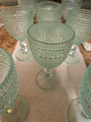 Vintage Style Sage Green Hobnail Beaded Goblets Dbl. Ball Stem Glassware Set (8)