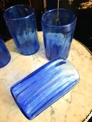 Vintage MCM Cobalt Azure Blue Handblown Glass Highball Barware Set Rough Pontil