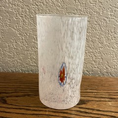 Murano White Confetti Millefiori Tumbler High Ball Pinched Glass 5 3/4 Tall