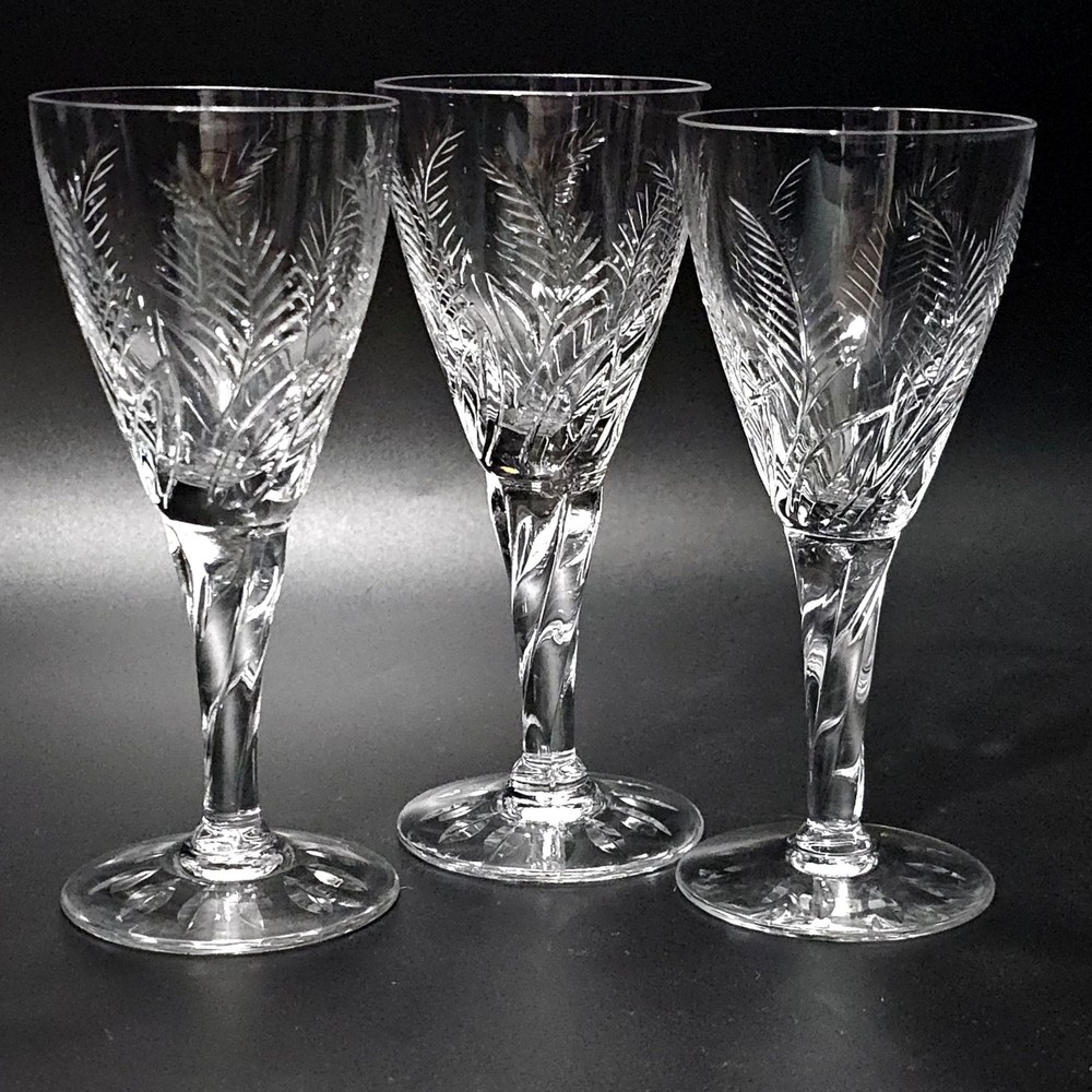 3 Stuart Ellesmere Sherry Glasses 5.25″ cut glass ferns leaves England twist