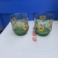 2 VINTAGE LIBBEY M DIA ORANGE FLORAL STACKABLE JUICE / LOW BALL DRINKING GLASSES