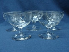 Early Mid Century Cut Crystal Gray Etched, 4 Low Stem Sherbet Champagne Glasses