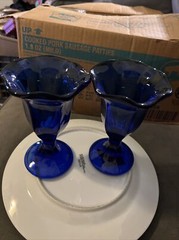 2 Anchor Hocking Cobalt Blue Fountain Ware Sundae Scallop Goblets Glasses