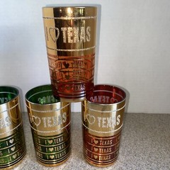 Set Of 4 Vtg I Love Texas Drinking Glasses Gold Green Red Korea Barware, Guilded