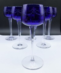 FRENCH Baccarat Blue Crystal Lily of the Valley Floral Hoock Wine Glasses Set 6