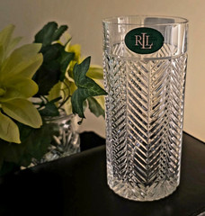 Ralph Lauren Herringbone Crystal 6 1/4 In. Highball Glass, 3 Vert. Cuts, New