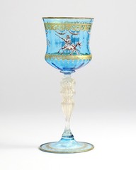 Vintage Venetian Murano Blue Blown Glass Wine Hock Gold Speck Stem Mythological