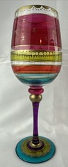 Pier 1 Festive Stripe Hand Painted Wine Glass Stemware Set of 4 Jewel Tone Gold