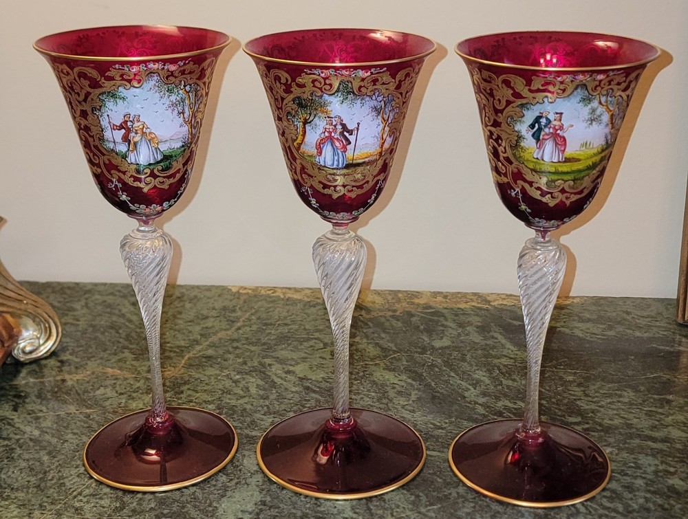3 MURANO CRANBERRY HAND PAINTED BLOWN GLASS VENETIAN 24k GOLD LEAF STEM GOBLETS