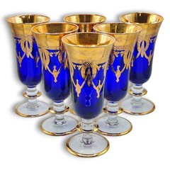 Interglass Italy Royal Blue 24K Gold Crystal Champagne Flutes Set of 6 Glasses