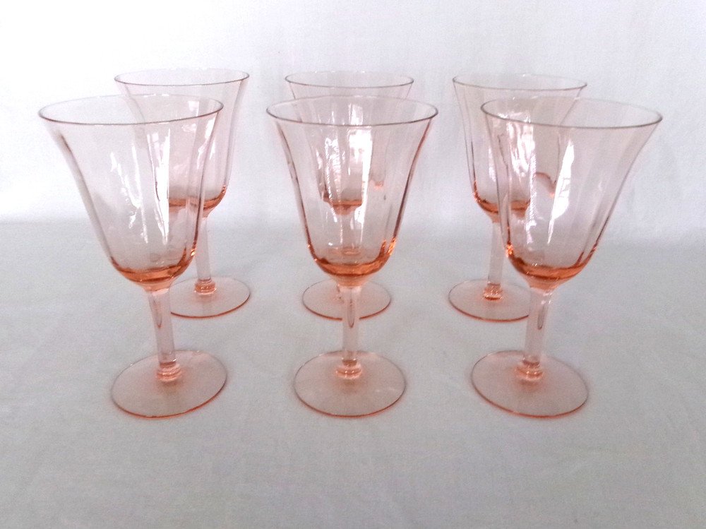 6 Vintage PINK OPTIC PANELED 8 oz. STEM WATER GOBLETS – Tiffin