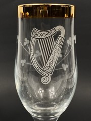 Duiske Irish Etched Harp Shamrock Fluted Champagne Glasses w/ Gold Trim Set Of 6