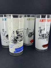 Set of 4 Anchor Hocking Antique Car Autos Frosted Glass Tumblers Vintage