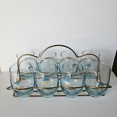 8 Vintage Libbey Tempo Aqua Blue Tumblers Glasses In Gold Caddy Original Sticker