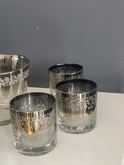 Vintage Silver Overlay Glass Barware Set 11pc Tumblers Highballs Ice Bucket MCM