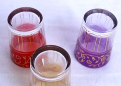 3 Jewel Tone Juice Glasses Double Shots Candle with Gold Tone Pattern Appx 3.25″