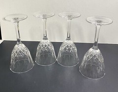 Set Of 4 Cut Glass Crystal Flared Diamond Pattern Hexagon Stem 7.25” Scalloped