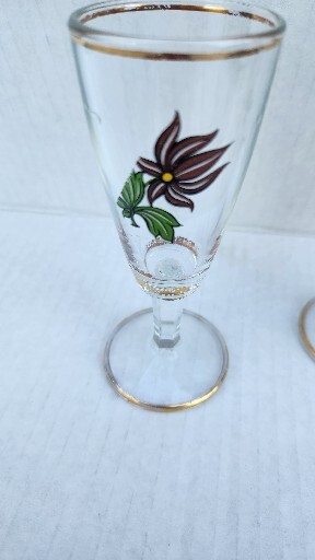 MCM 1960’S 4 VTG Sherry Cordial GLASS STEMWARE, FLORAL FLOWERS Gold Gild