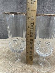 2 VTG Royal Crystal Rock RCR Aurea Gold Wine Glasses Cut Arches Vertical Ribs