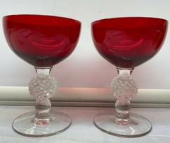 2 Pcs Set Morgantown Ruby Red Glass Golf Ball Sherbet Champagne Goblet VTG