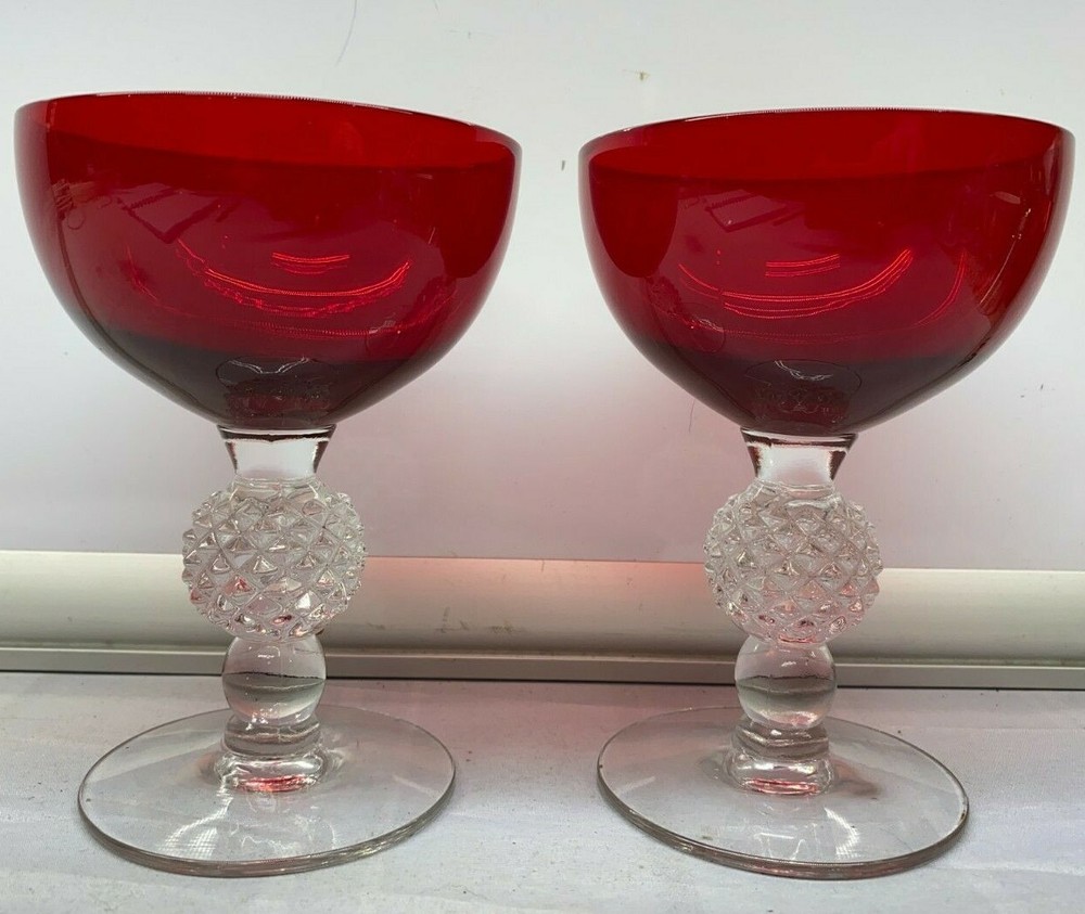 4 Pcs Set Morgantown Ruby Red Glass Golf Ball Sherbet Champagne Goblet VTG