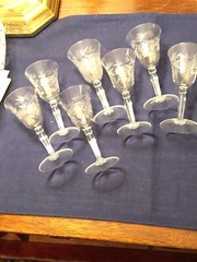 Vintage MCM Set Of 7 Floral Etched Crystal Cordial Glasses Bell Shaped Liquors