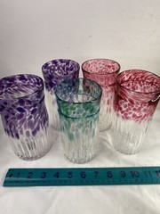 Set 5 Handblown Art Glass Tumblers Artist Signed Multicolored Pink Purple Aqua