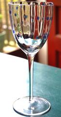 Vtg 8″ CLEAR WAVED OPTIC PANEL w BLUE POLKA DOTS WATER GOBLET GLASS Hand Blown
