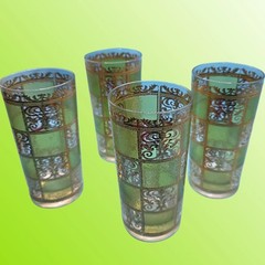 Culver 22KT Signed Green & Gold Prado Highball Cocktail Glasses Set of 4
