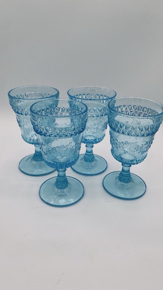 4 Vtg L.G. Wright Wildflower Baby Blue 6” Water or Wine Goblet Glass