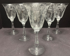 6 Tiffin Franciscan CHEROKEE ROSE WATER GOBLETS 8″ Etch Vintage Prism Stem 17399